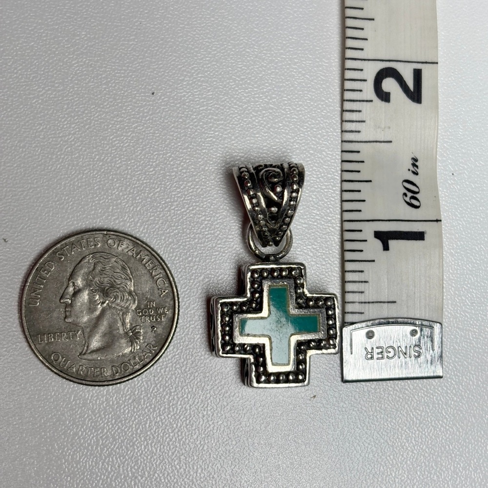 Sterling Silver and Turquoise Inlay Greek Cross Pendant - Picture 6 of 7